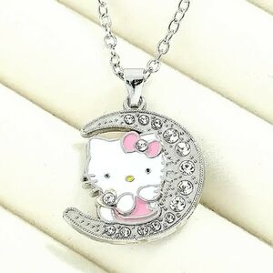 Hello Kitty Anime Crescent Moon Necklace Sanrio Rhinestone Sparkly Jewelry   New